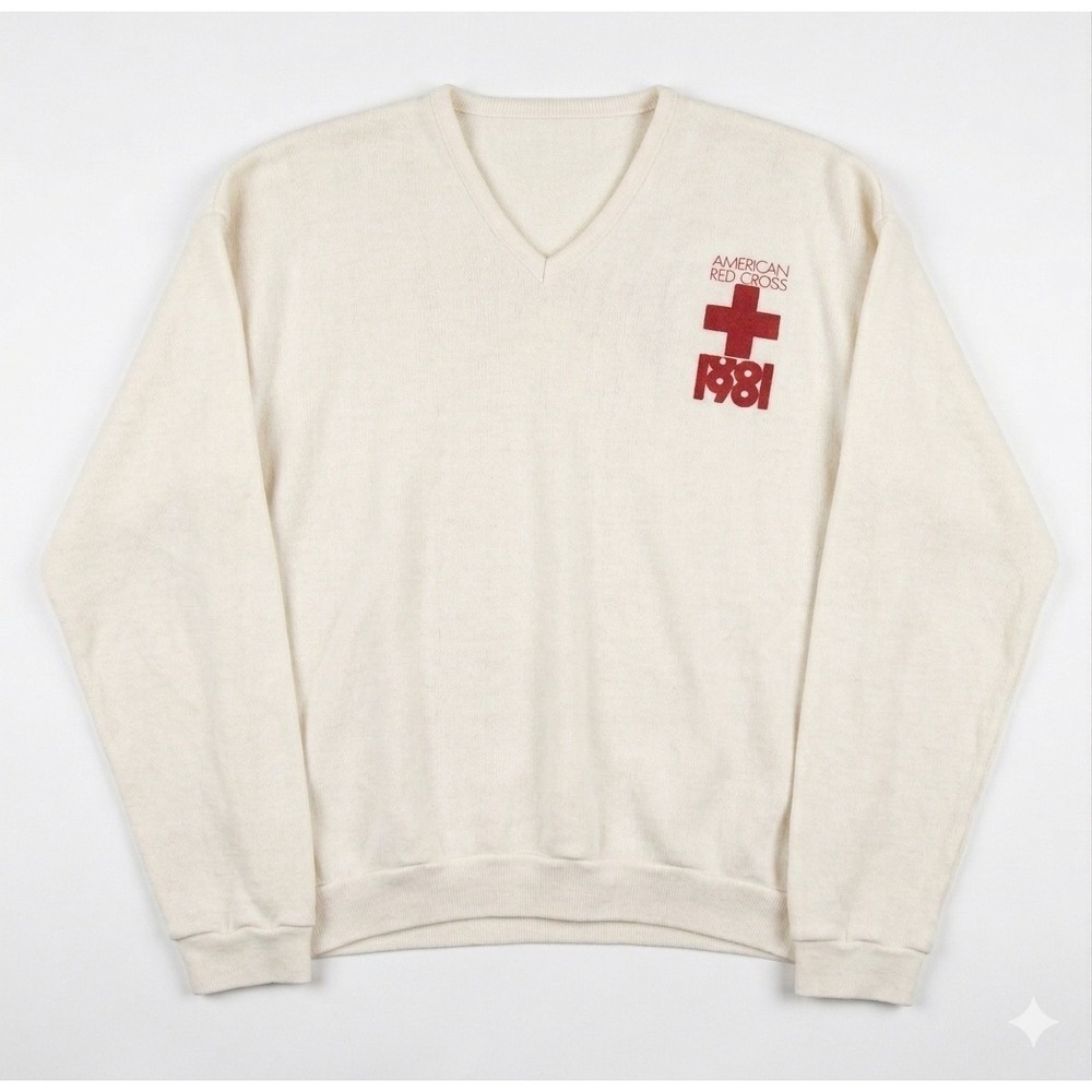 Vtg American Red Cross 1881 V-Neck Sweater Cream XL Graphic Knit 80s USA Classic